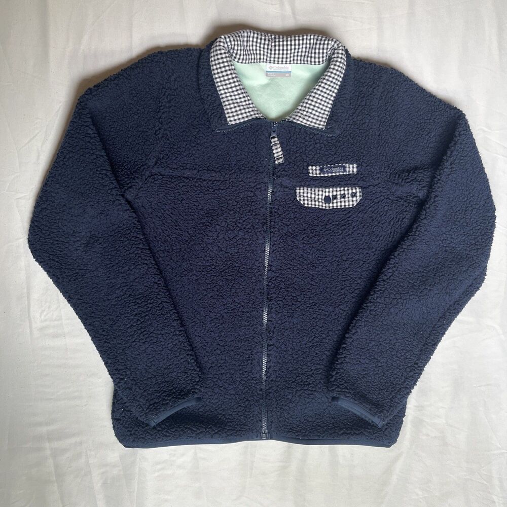 Columbia PFG Fleece Jacket Womens XS Navy Blue Gingham Sherpa Full Zip Mock Neck